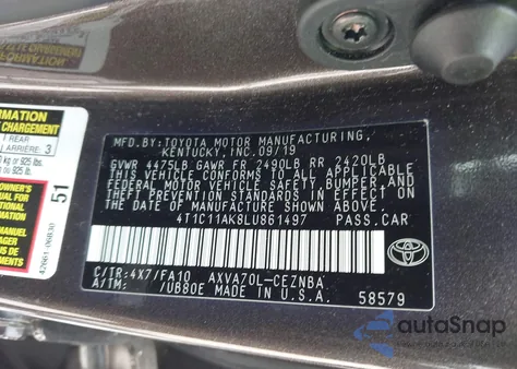 2020 Toyota Camry Le z USA, uszkodzony, nr VIN 4T1C11AK8LU861497